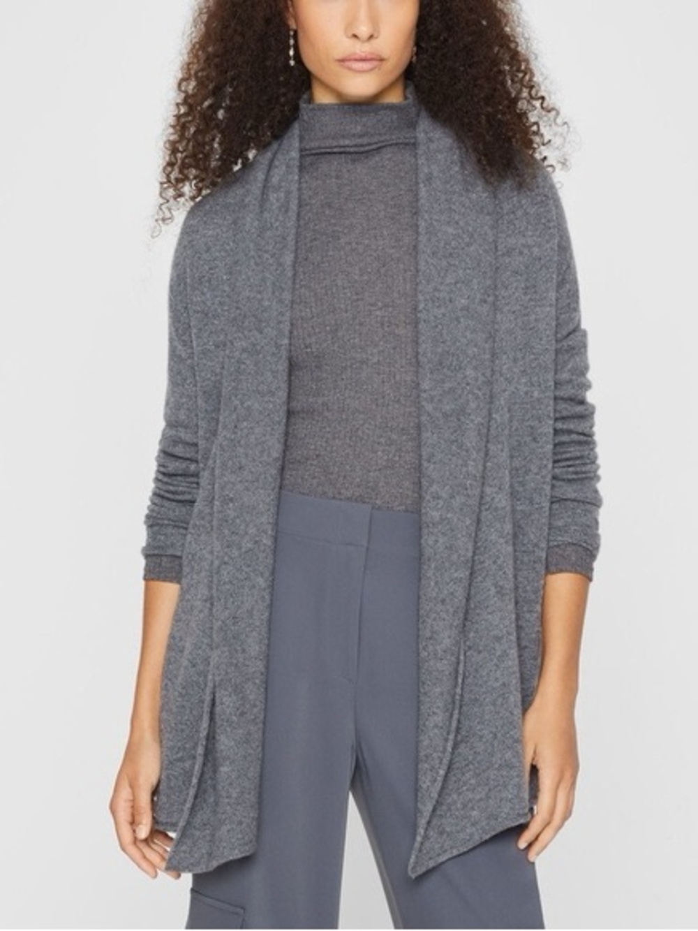 CLUB MONACO 100% Cashmere Open Front Cardigan Real Fur Elbow Patches Gray Medium